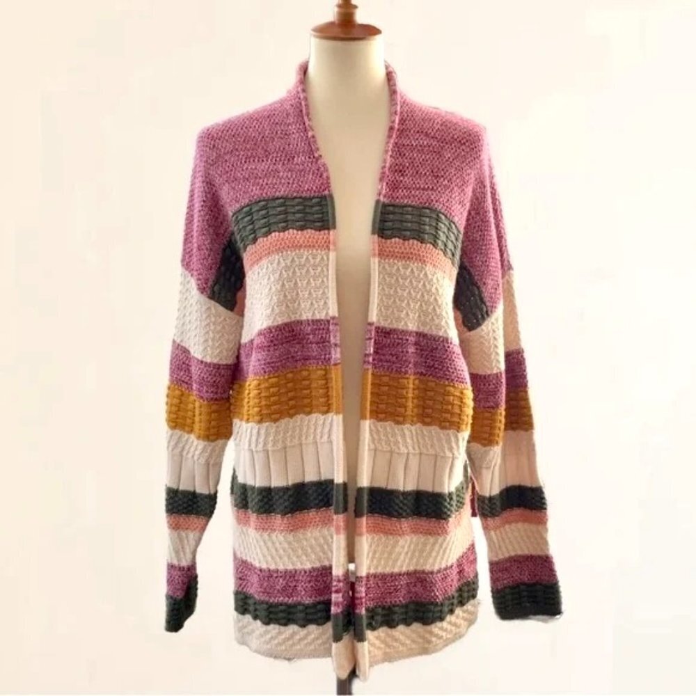 Soft  Surroundings 100% Cotton Multi-Knit Wide Striped Cardigan Size Med…